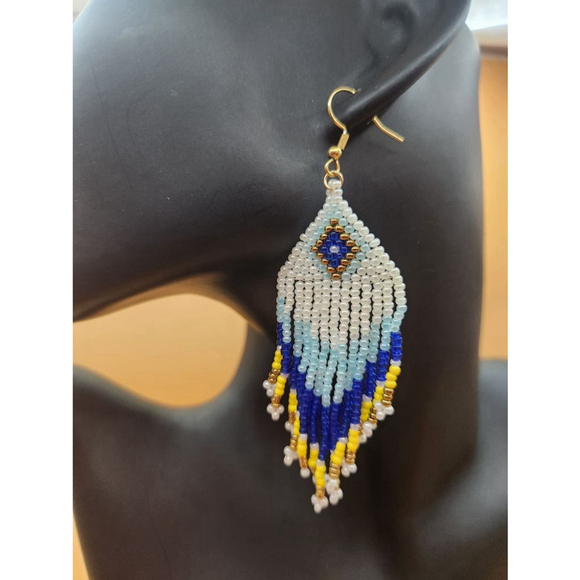 Handcrafted Jewelry - Handcrafted Beaded Fringe Earrings Blue White Yellow